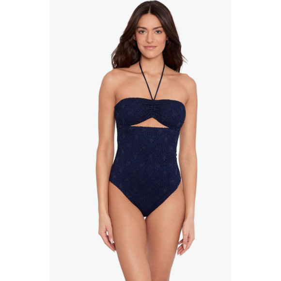 LAUREN RALPH LAUREN One Piece Swimsuit Size 10 Navy Blue Crochet Bandeau NWT - Picture 1 of 12
